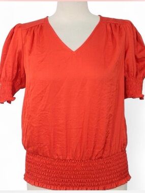Philosophy Coral V-Neck Puff Sleeve Blouse with Smocked Waist